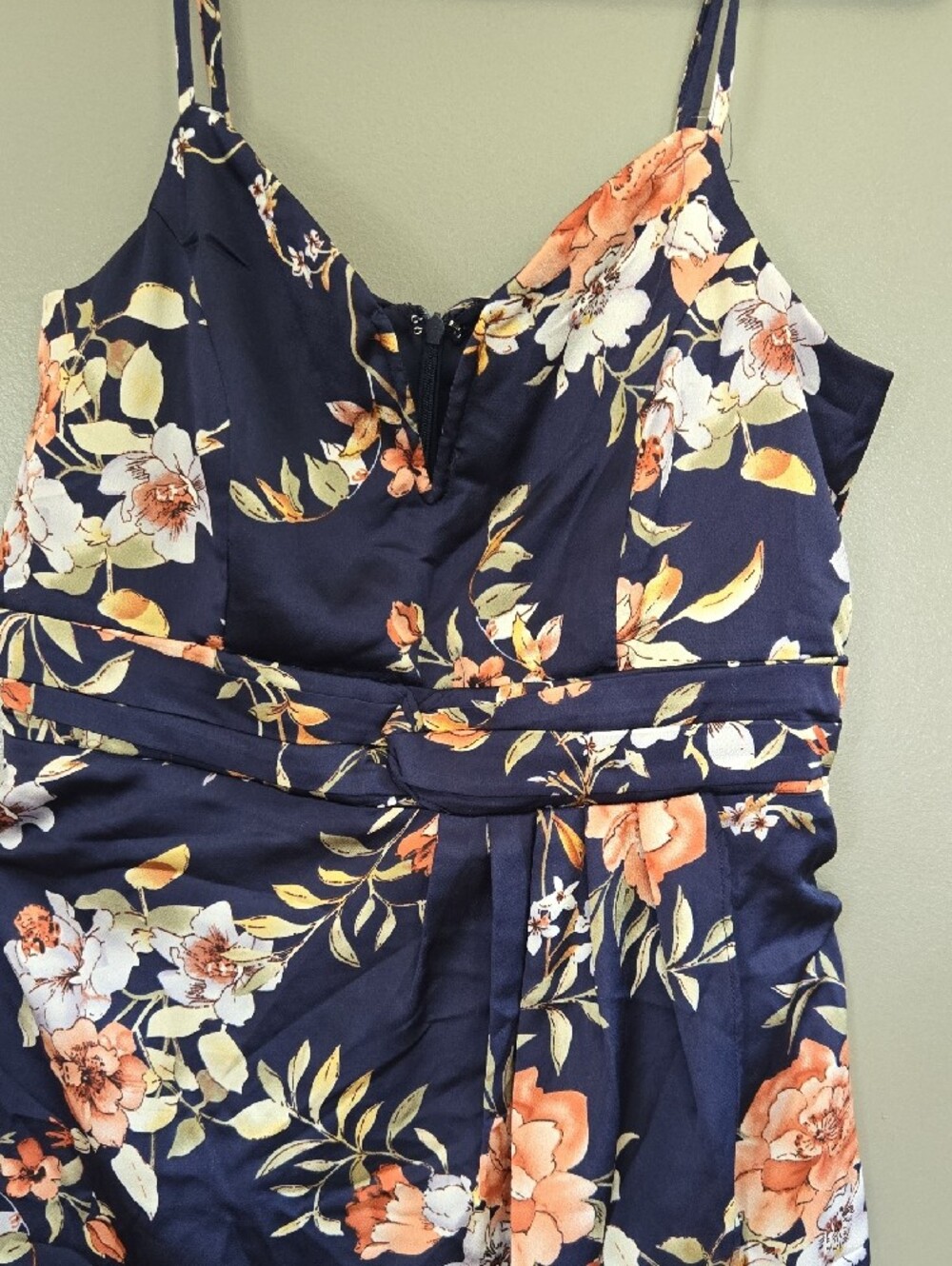 Lulu's Navy Floral Tie-Waist Spaghetti Strap Midi Dress - Picture 2 of 7